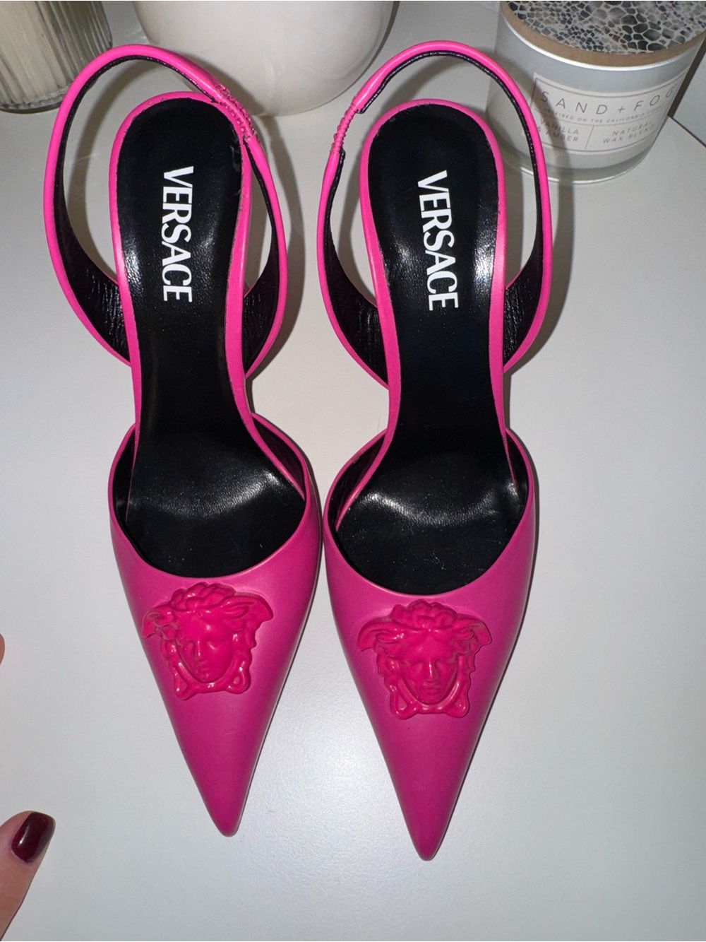 Versace Hot Pink Pointed Medusa Slingback Pumps